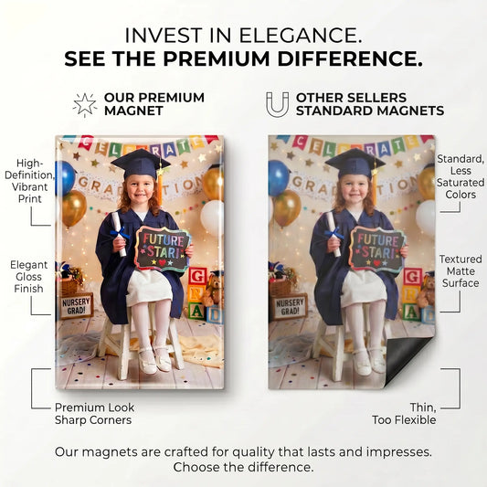 Side-by-side comparison showing the vibrant colors, gloss finish, and sharp corners of a premium custom photo magnet versus a thin, dull standard magnet, featuring a young girl's graduation photo.