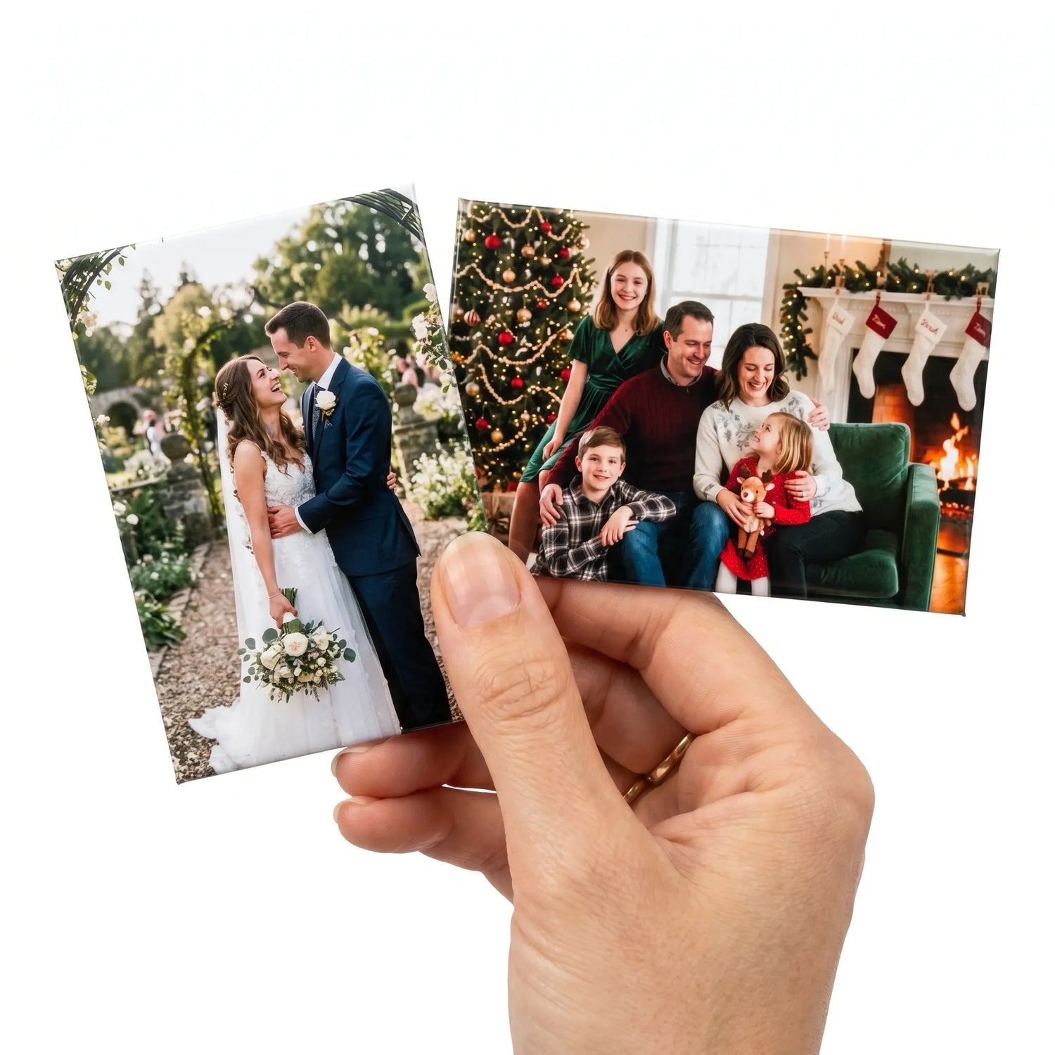 A hand holding two personalized photo magnets: one showing a bride and groom on their wedding day, and the other showing a family smiling by a Christmas tree.