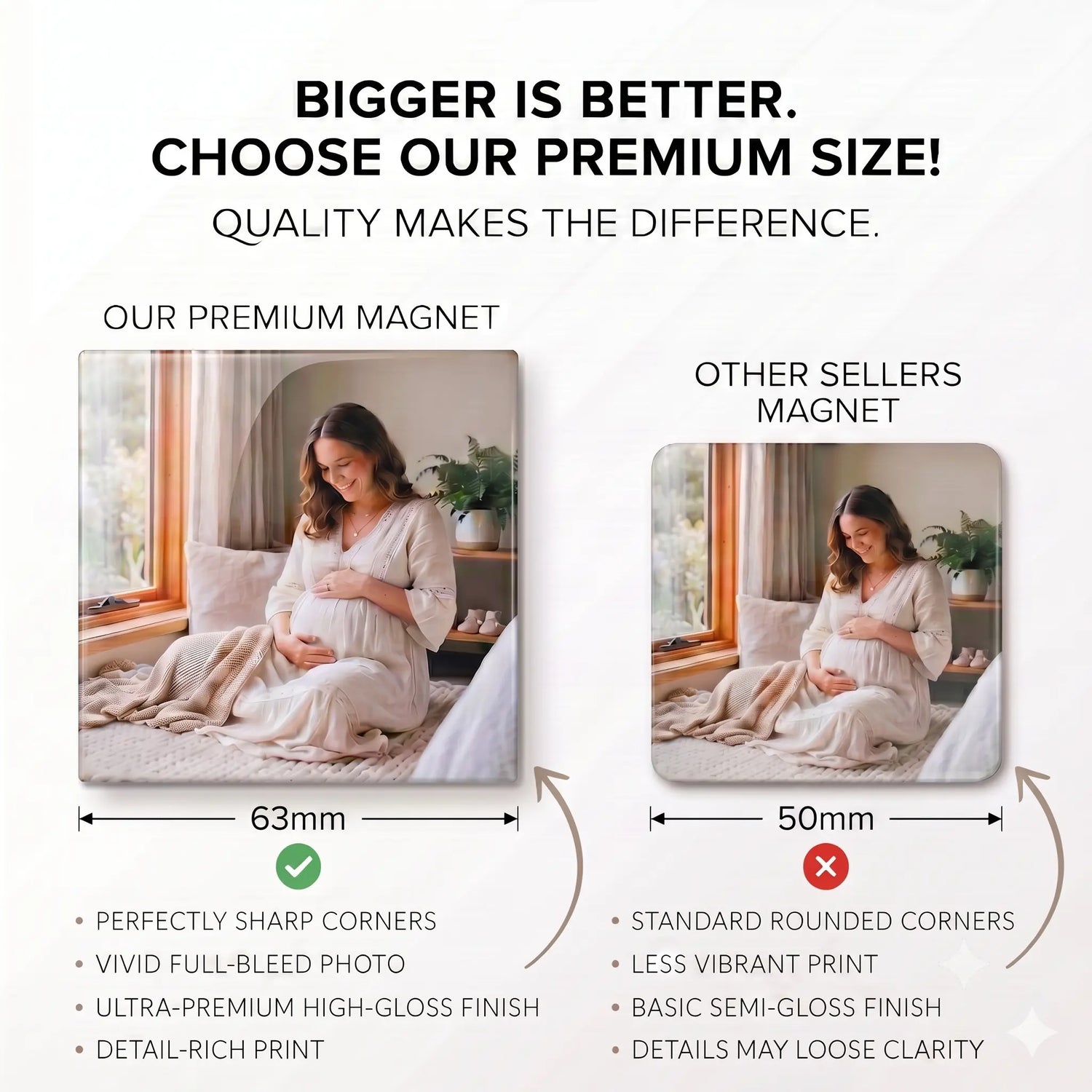 Side-by-side comparison of a larger 63mm premium custom photo magnet with sharp corners and vivid gloss finish next to a smaller 50mm standard magnet, featuring a beautiful maternity photoshoot picture.
