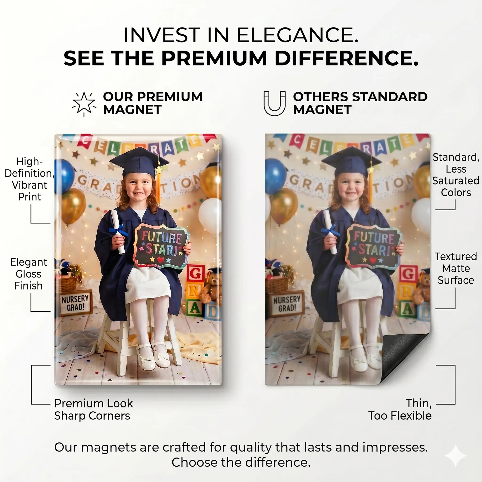 Side-by-side comparison showing the vibrant colours, gloss finish, and sharp corners of a premium custom photo magnet versus a thin, dull standard magnet, featuring a young girl's graduation photo.